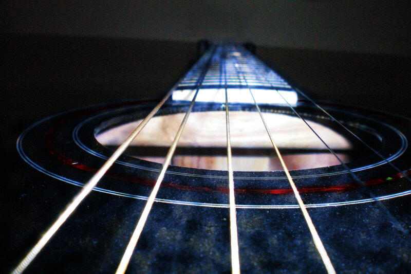 Acoustic Guitar Strings — Black, Dramatic, Photograph, Soundhole, Fretboard, Brown
