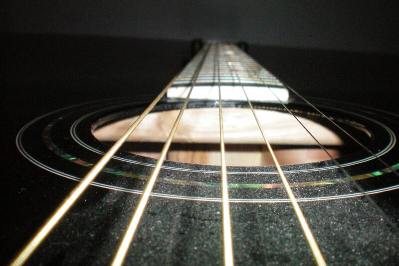 Acoustic Guitar Strings — Black, Dramatic, Photograph, Soundhole, Fretboard, Gold