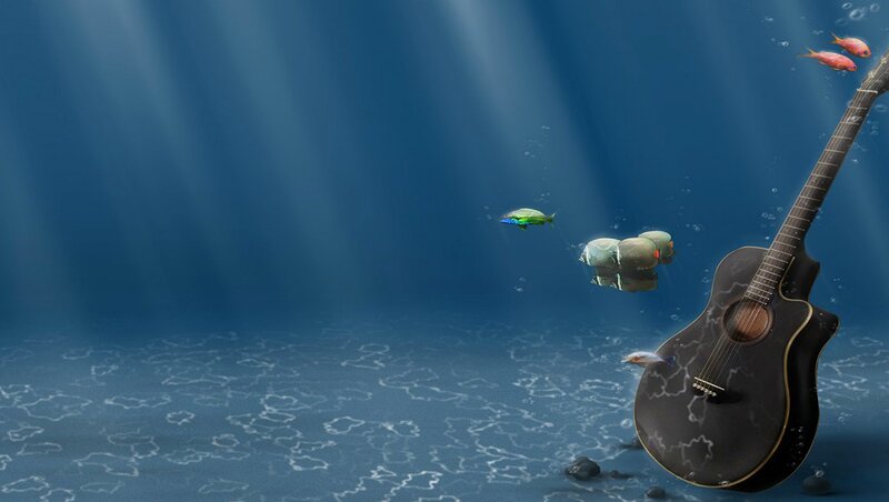 Acoustic Guitar Underwater — Blue, Serene, Digital Art