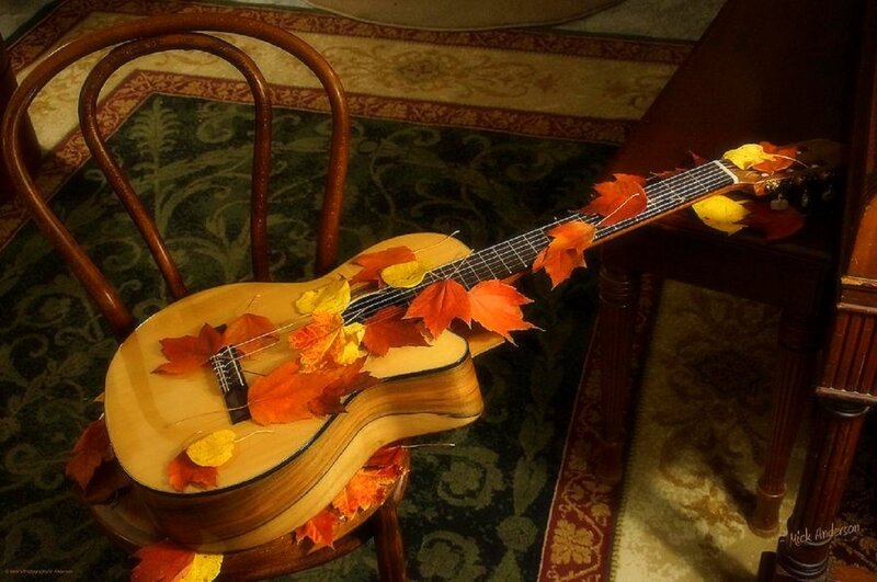 Acoustic Guitar with Leaves — Brown