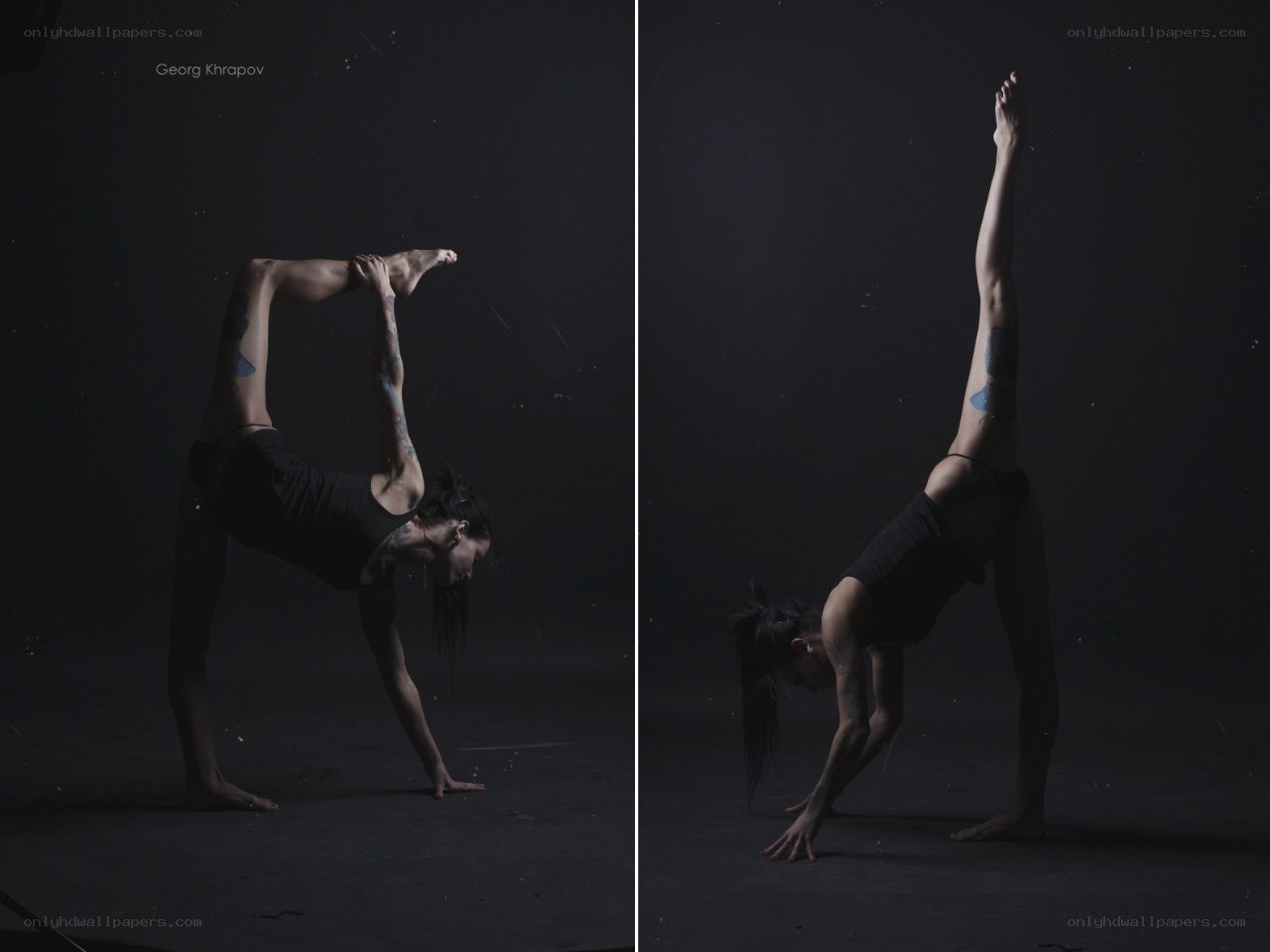 Acrobatic dancer in dark studio