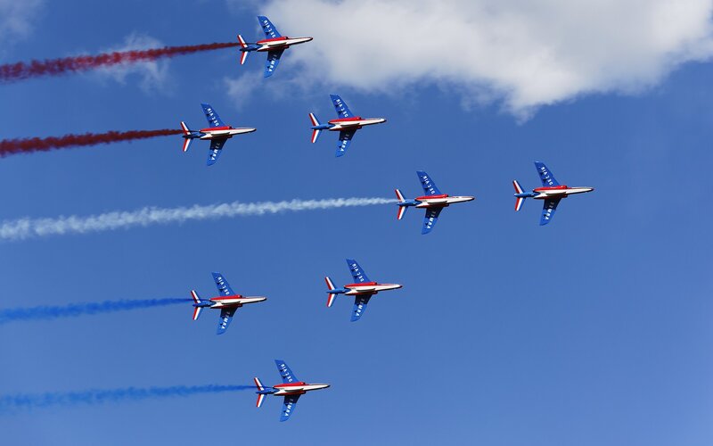 Acrobatic jet team in formation