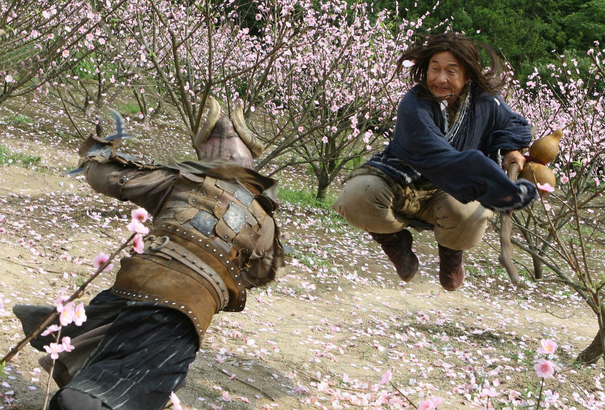 Action scene in a cherry blossom garden