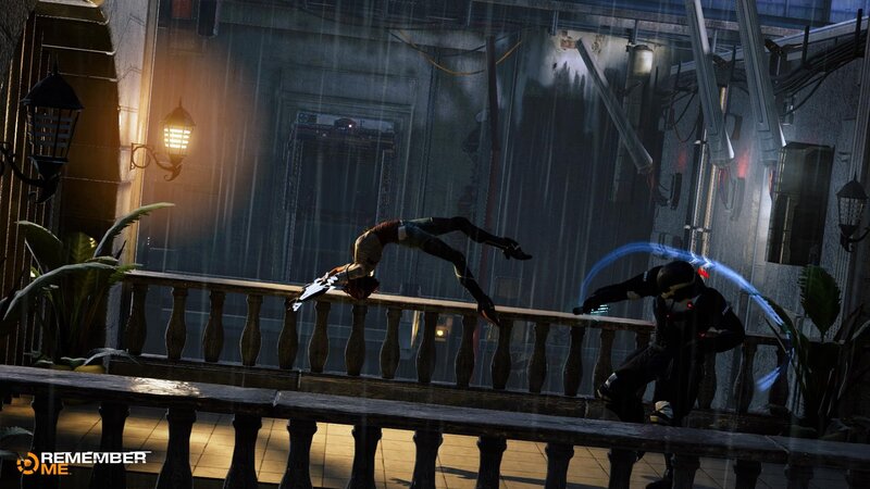 Action scene in a rainy alley