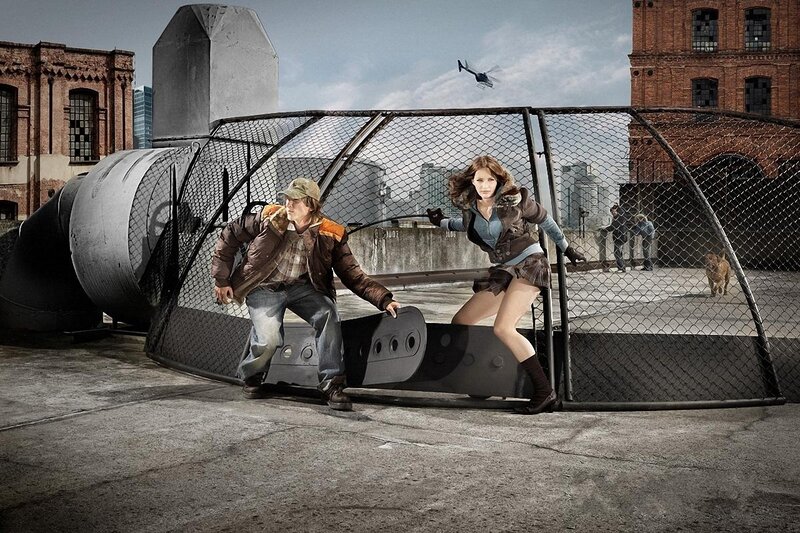 Action scene on a rooftop