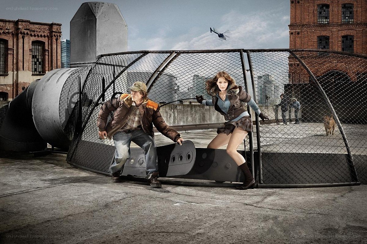 Action scene on a rooftop