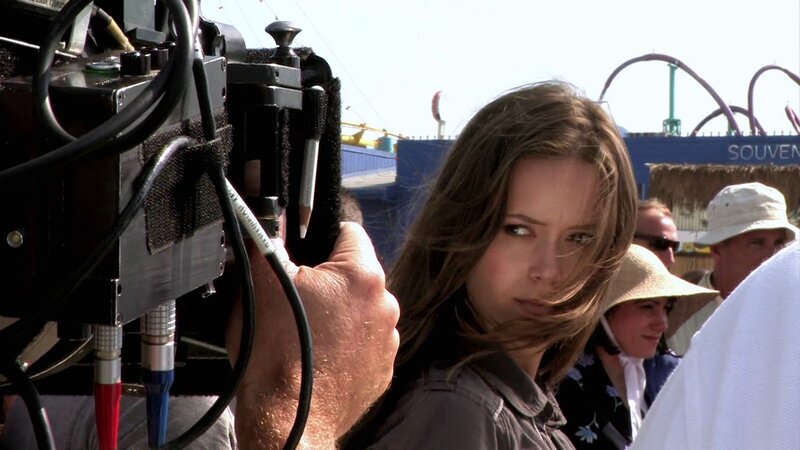 Actress on film set at amusement park