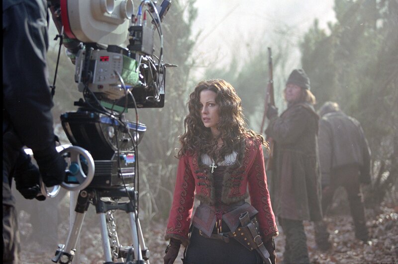 Actress on film set in forest