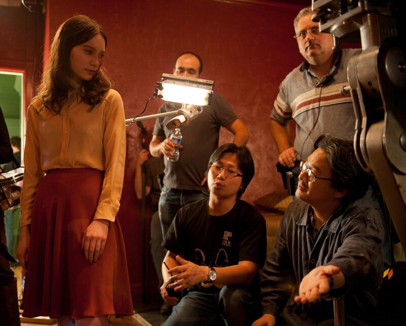 Actress on film set with crew