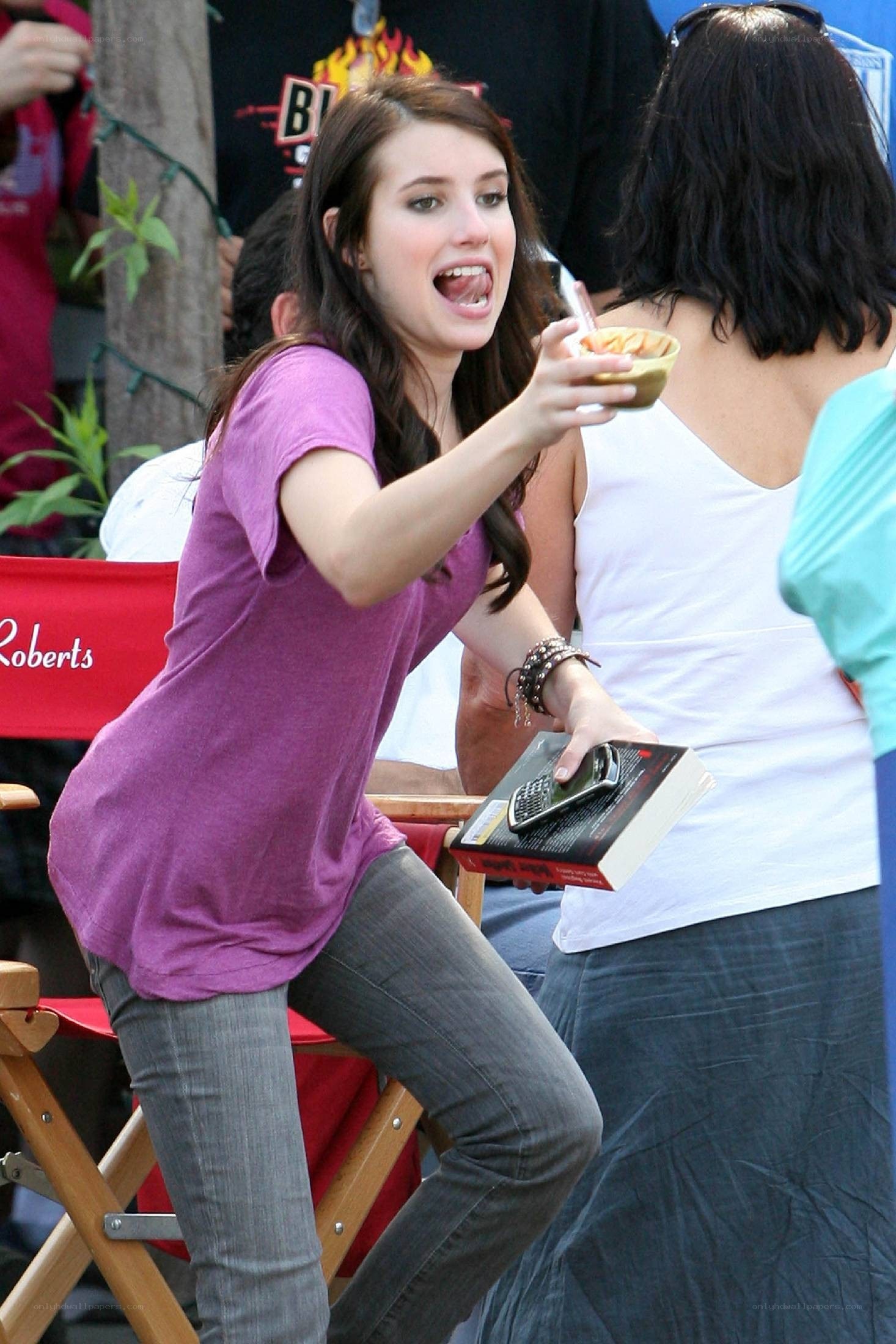 Actress on film set with snack