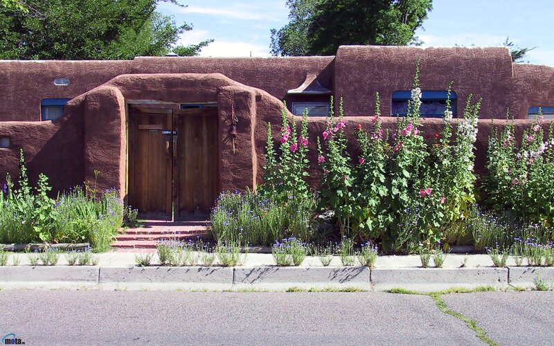 Adobe House with Flowers — Brown