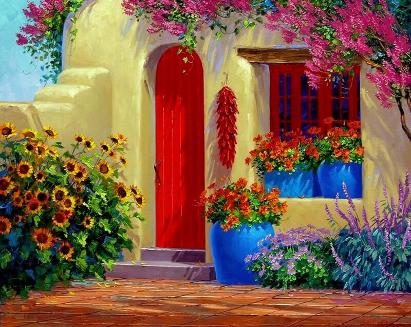 Adobe House with Flowers — Yellow