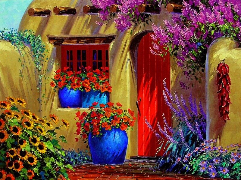 Adobe House with Flowers — Yellow, Vibrant, Afternoon