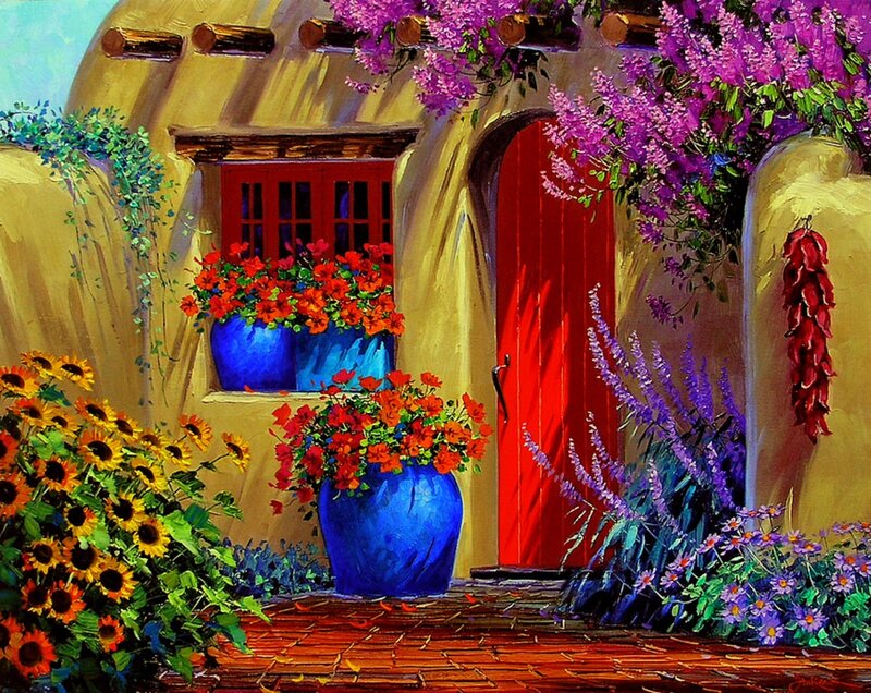 Adobe House with Flowers — Yellow, Vibrant
