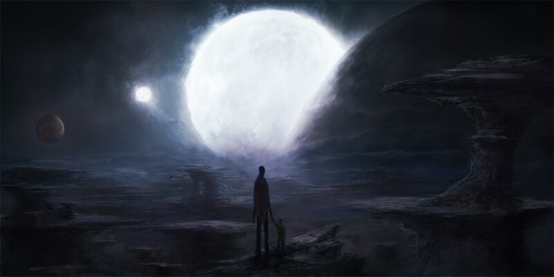 Adult and Child on Alien Planet