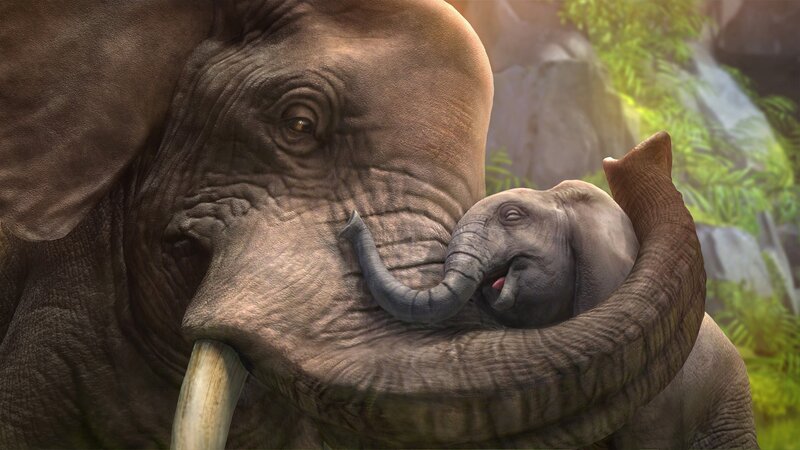 Adult Elephant with Calf — Gray