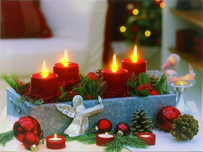 Advent Candle Arrangement — Red, Festive, Winter, Photograph, Candles, Pinecones