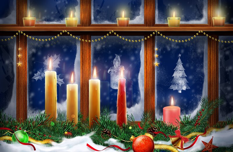 Advent Candles on Windowsill — Green, Festive, Winter, Digital Art