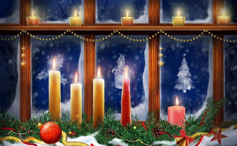 Advent Candles on Windowsill — Green, Festive, Winter