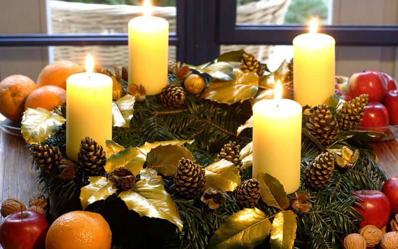 Advent Wreath with Candles — Green, Festive, Winter, Photograph, Pinecones, Oranges