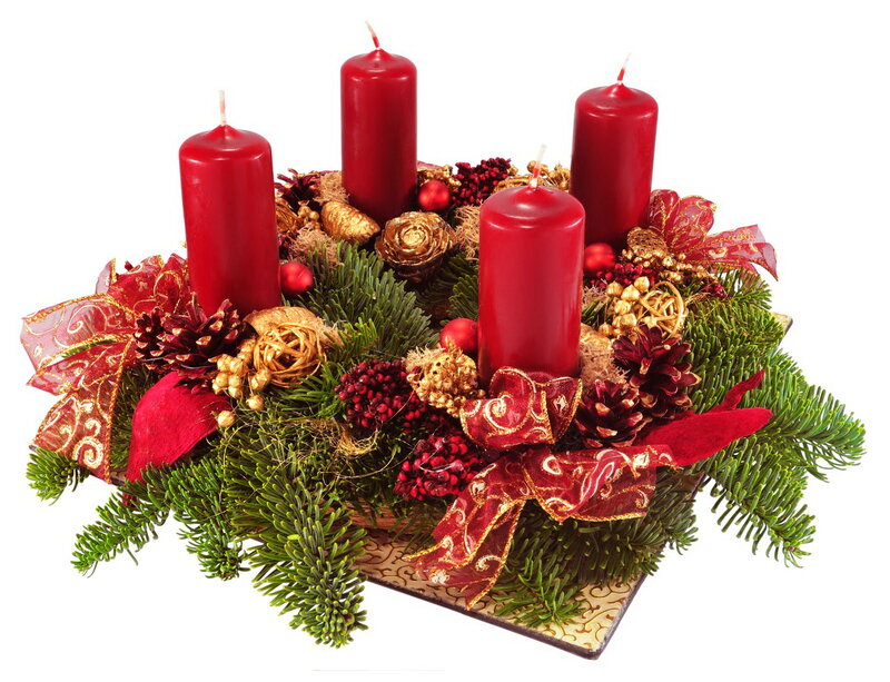 Advent Wreath with Candles — Red, Festive, Winter, Photograph, Pine Branches, Ribbons