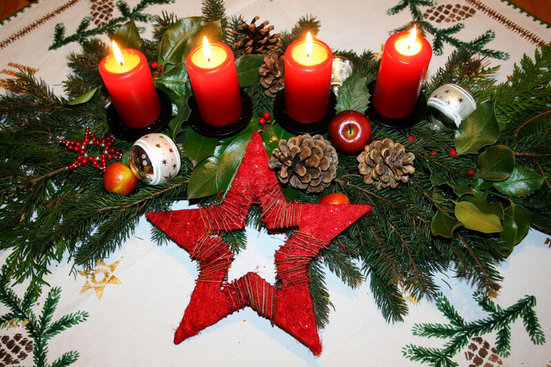 Advent Wreath with Candles — Red, Festive, Winter, Photograph, Pine Cones