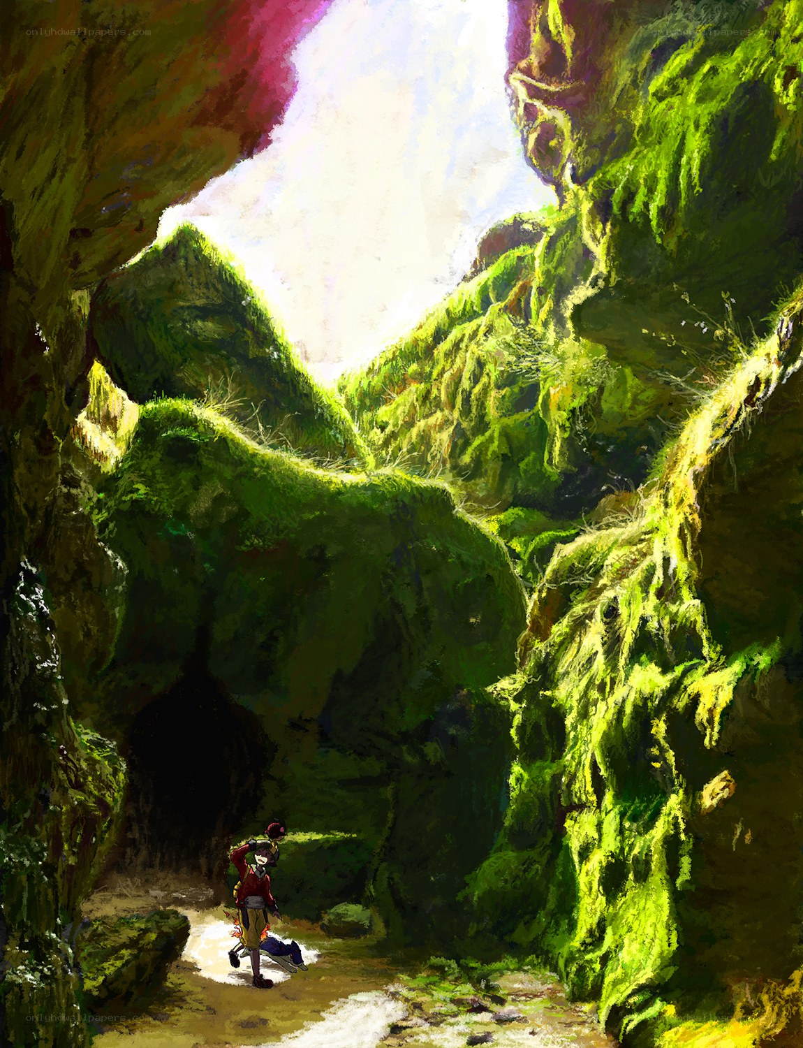 Adventurer in a mossy canyon