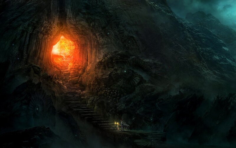 adventurer in dark cave