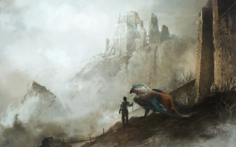 adventurer with griffin on cliff