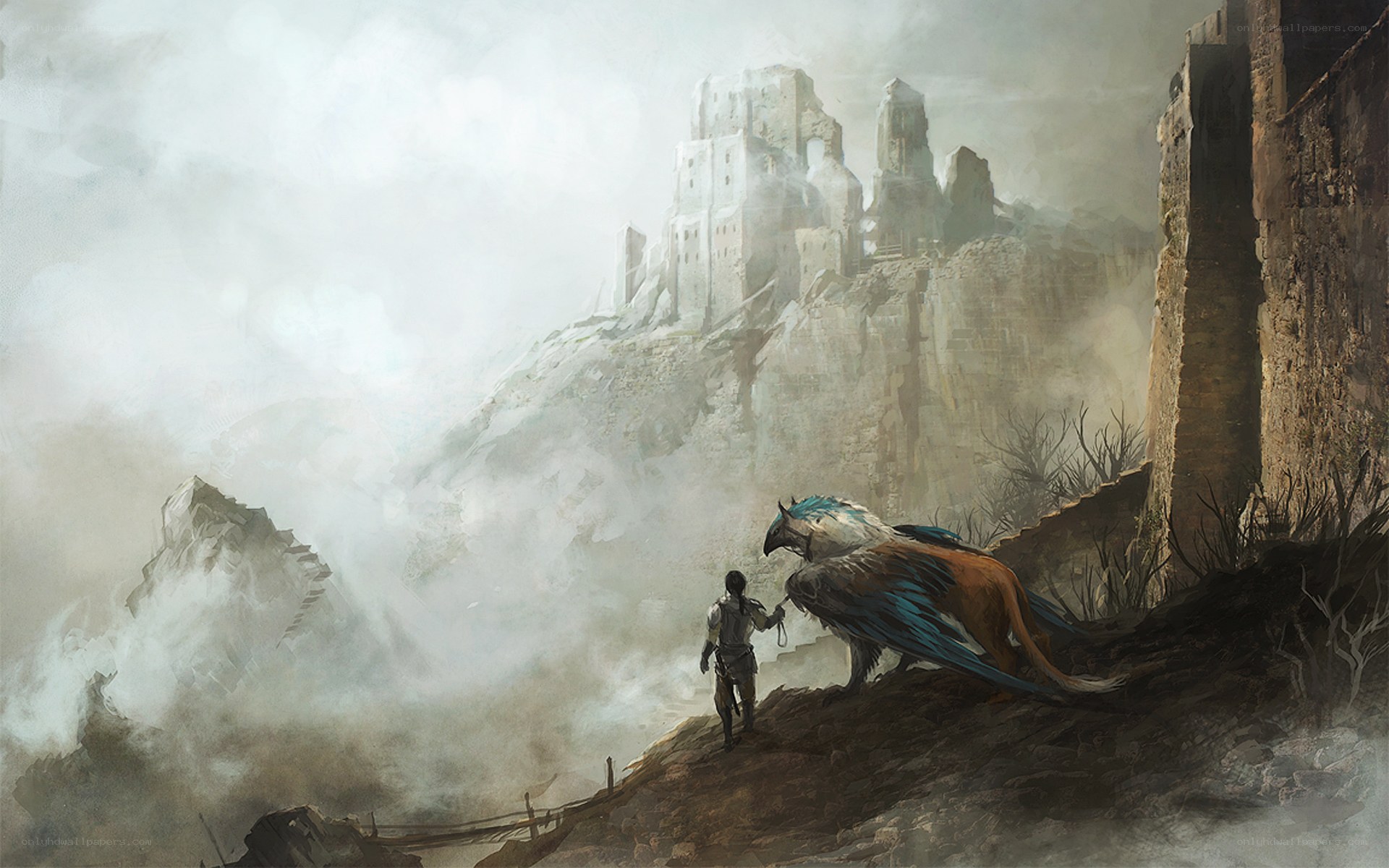 adventurer with griffin on cliff