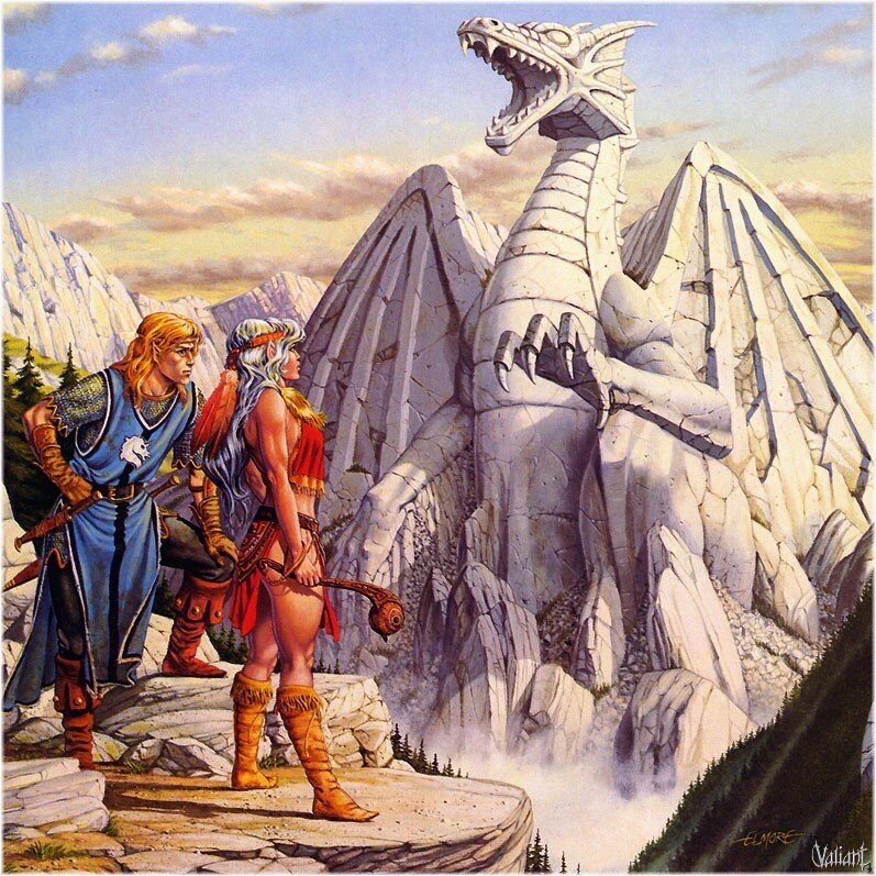 adventurers face a stone dragon