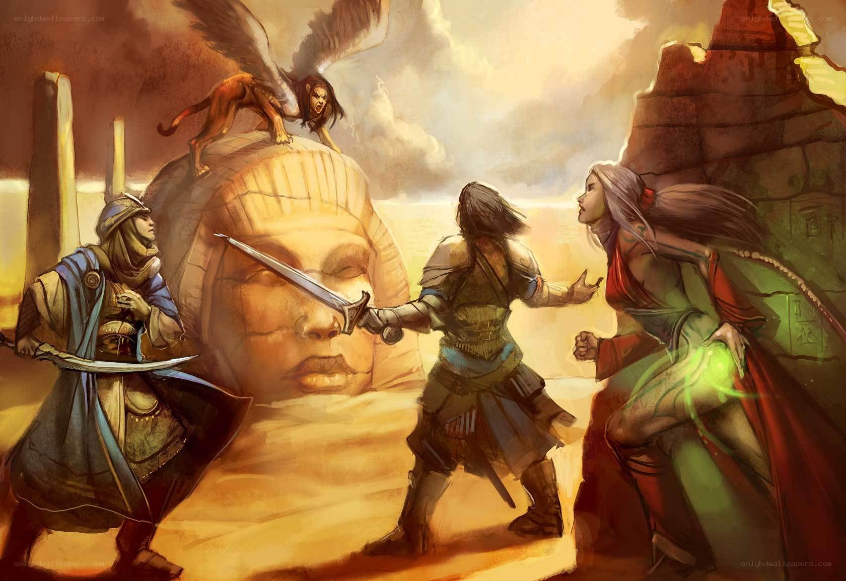 adventurers face sphinx in desert