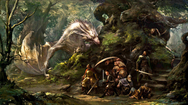 Adventurers Facing Dragon — Green, Dramatic
