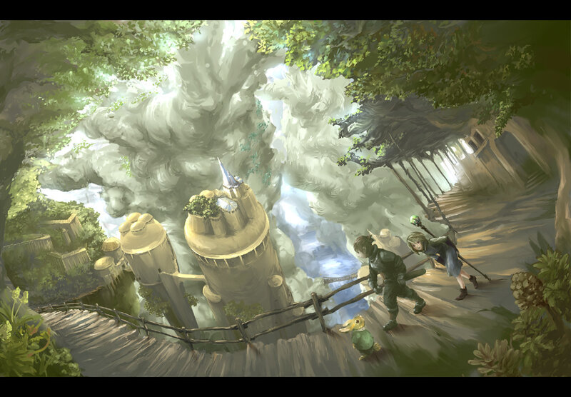 adventurers in a forested canyon