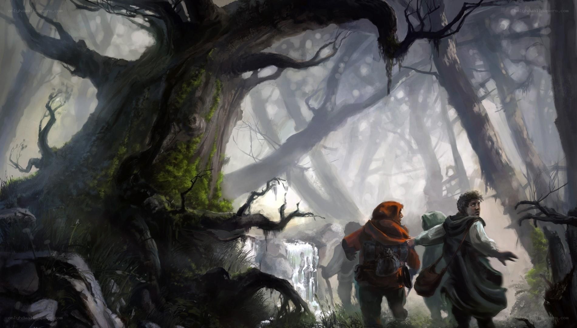 adventurers in a misty forest