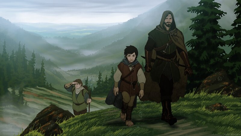 adventurers in a misty valley