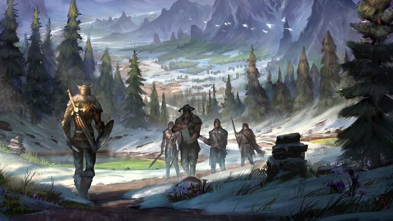 adventurers in a snowy valley