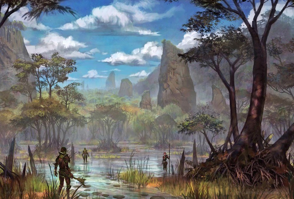 adventurers in a swampy forest