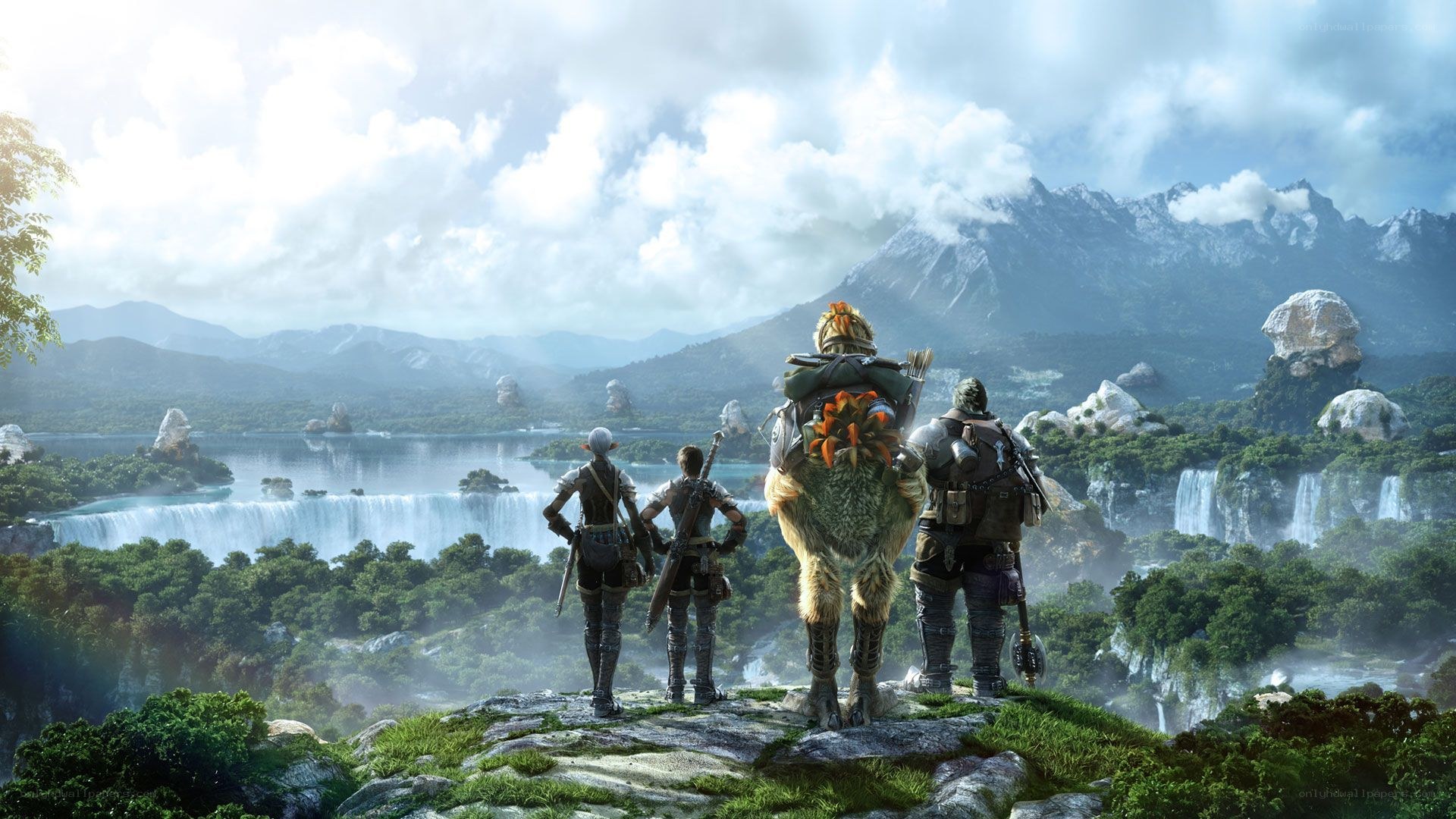 adventurers overlook a waterfall