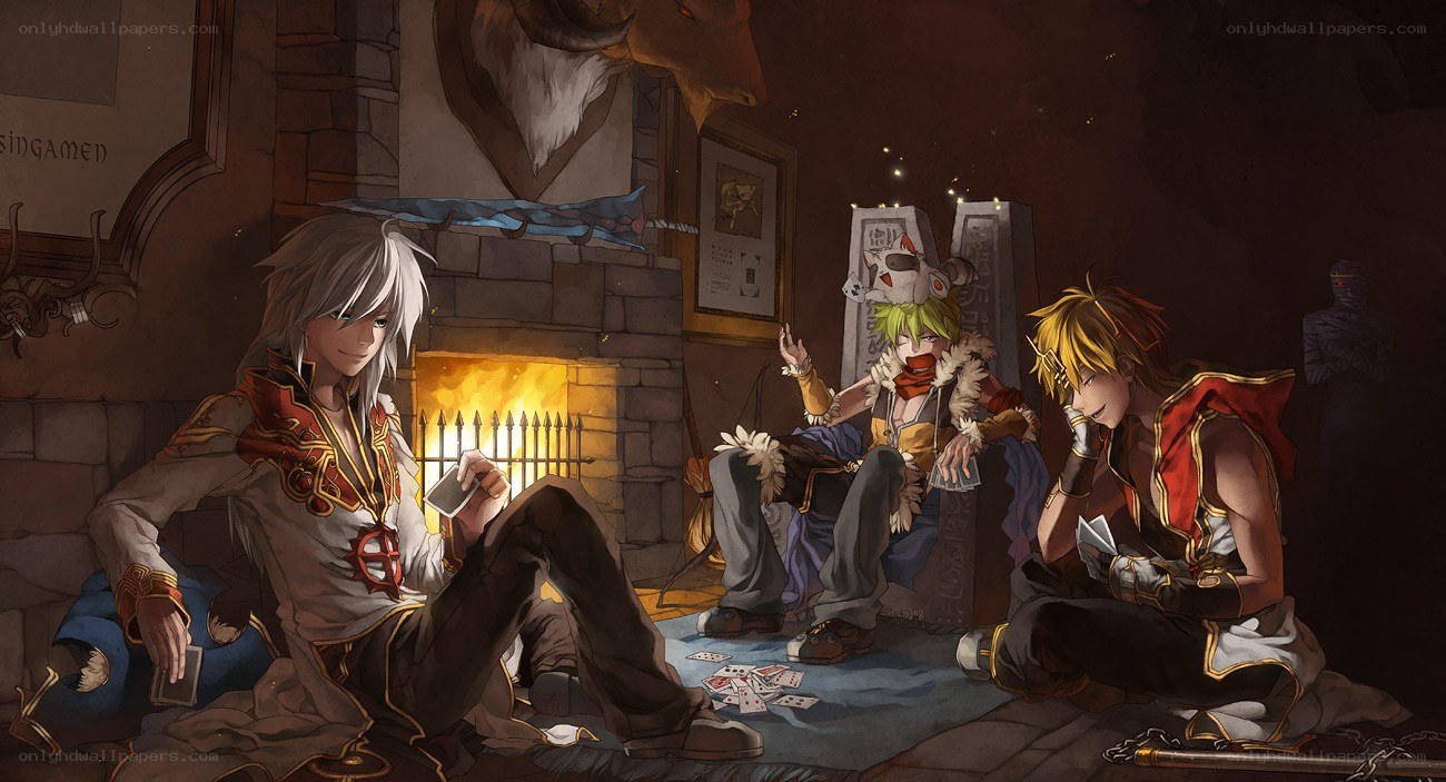 adventurers playing cards by fire