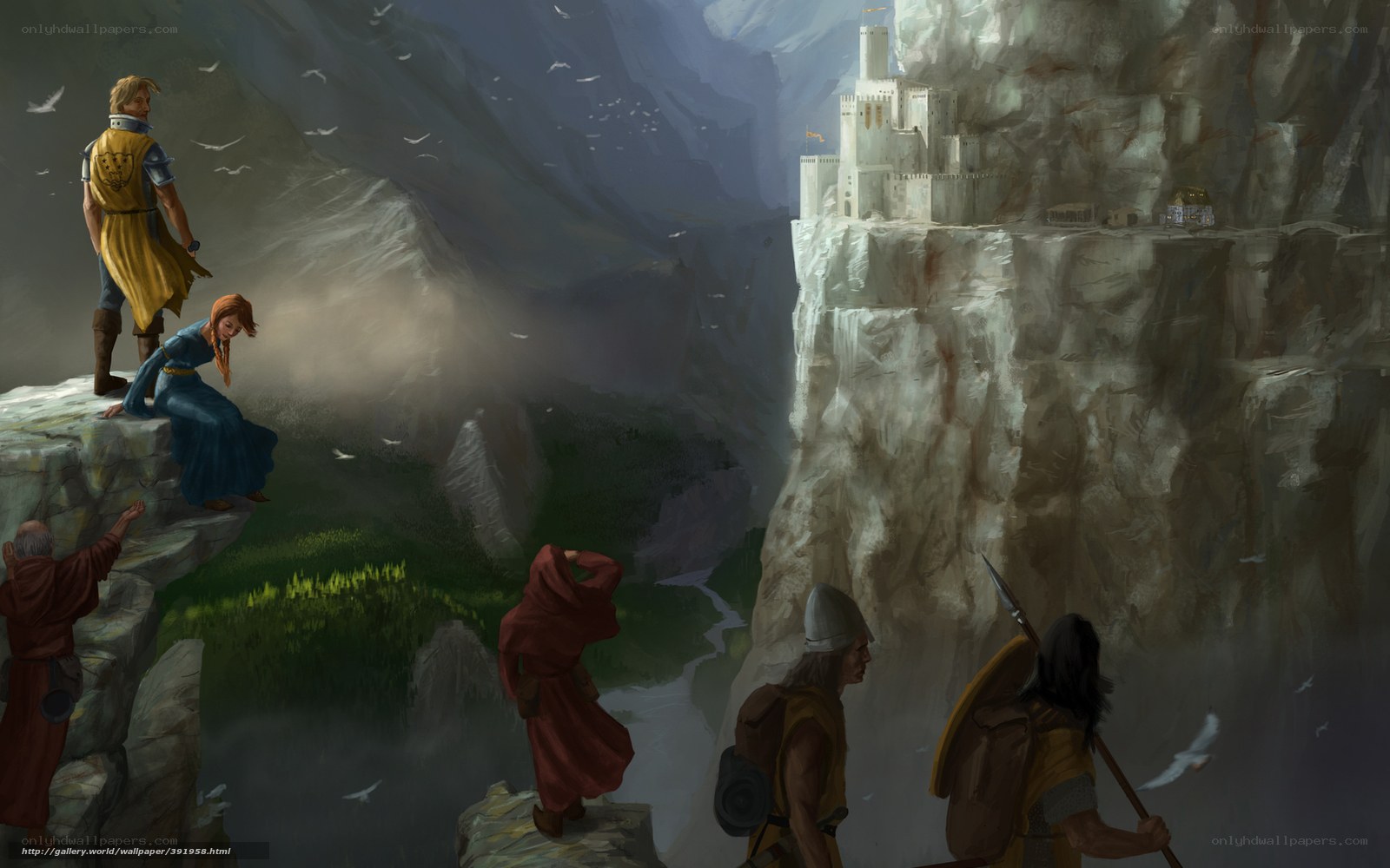 Adventurers view a cliffside castle