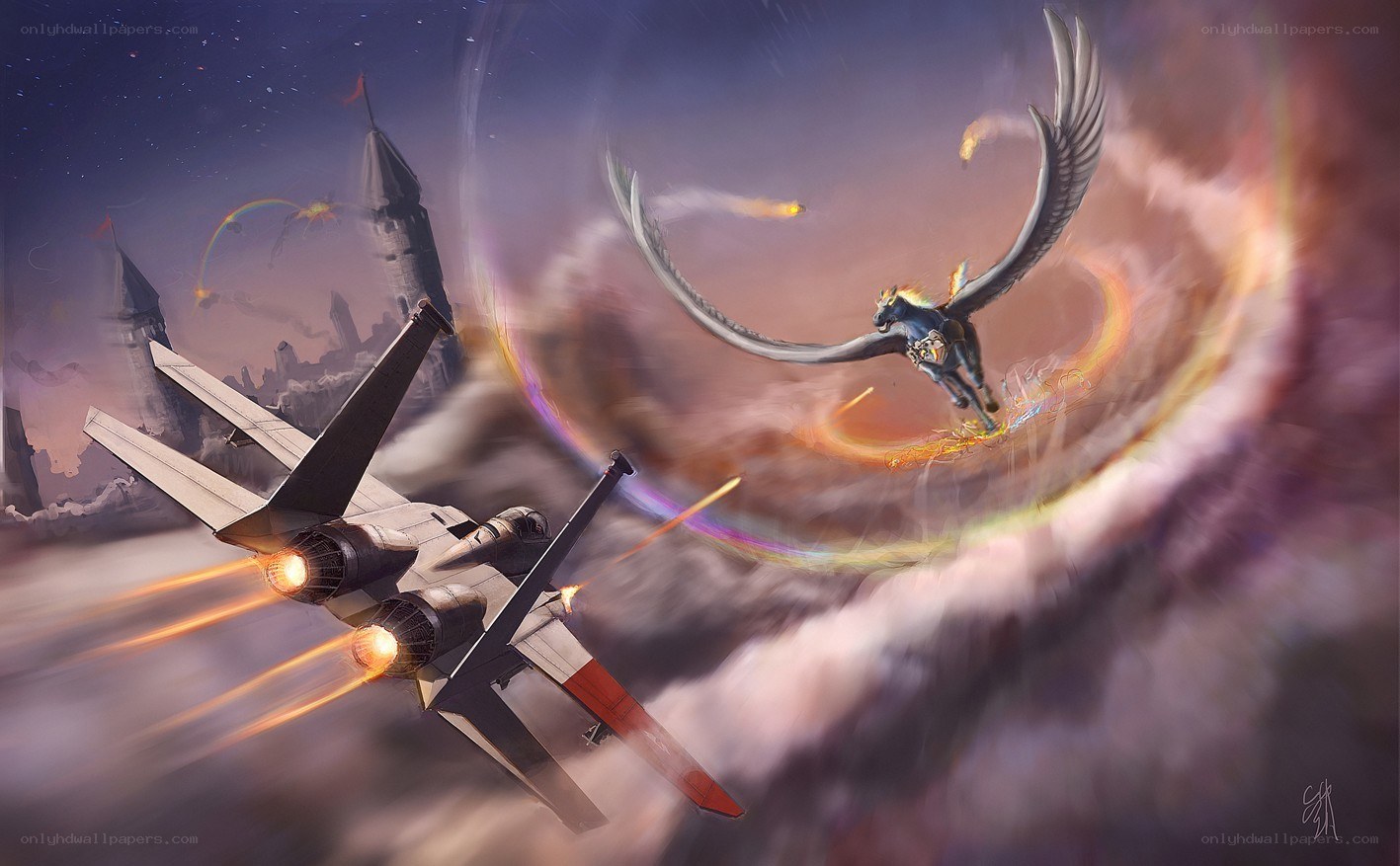 Aerial battle over a castle