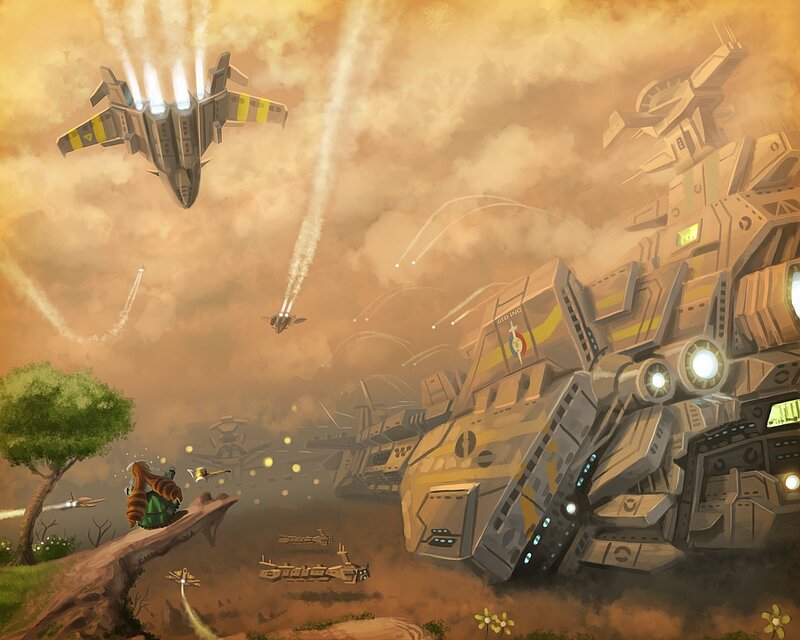 Aerial battle over a crashed ship