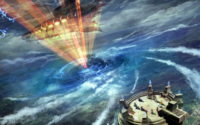 Aerial battle over a stormy sea