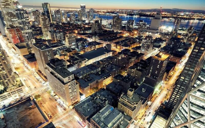 Aerial Cityscape at Dusk — Blue, Dramatic, Night, Photograph, Skyscrapers