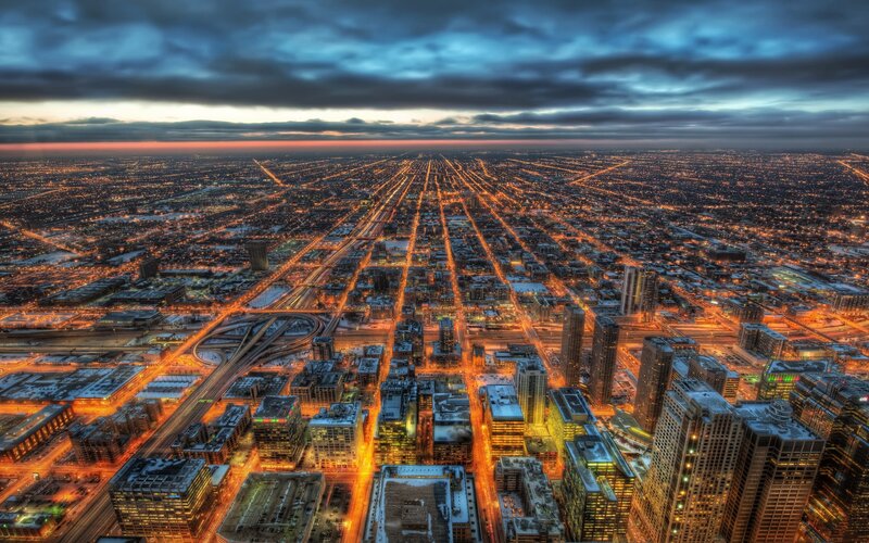 Aerial Cityscape at Dusk — Blue, Dramatic, Night, Photograph