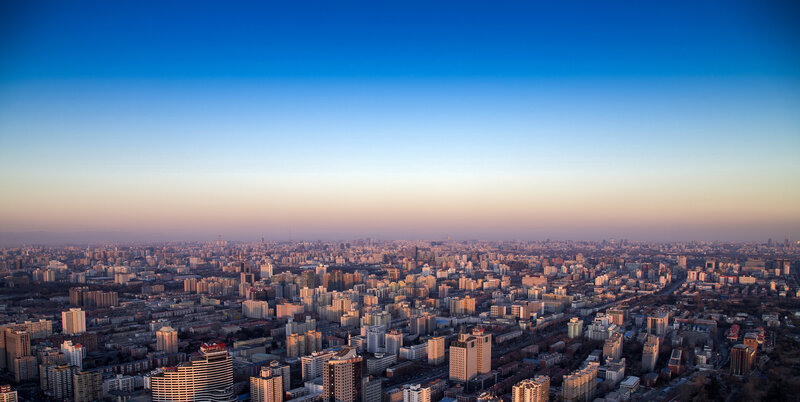 Aerial Cityscape at Dusk — Blue, Serene, Sunset, Photograph