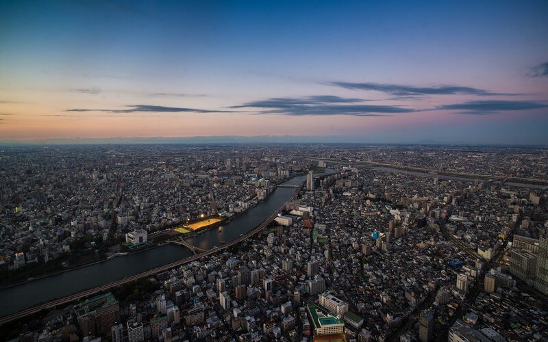 Aerial Cityscape at Dusk — Blue, Serene, Sunset