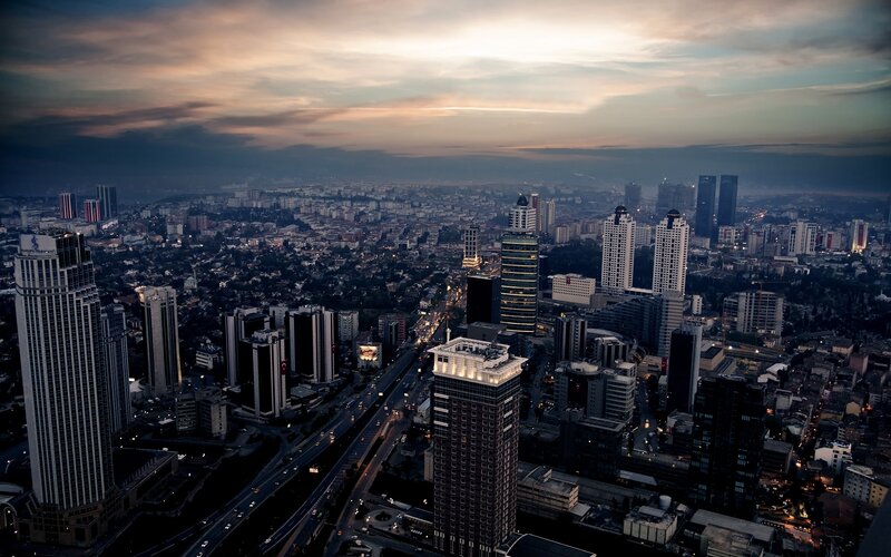 Aerial Cityscape at Dusk — Gray, Dramatic, Sunset