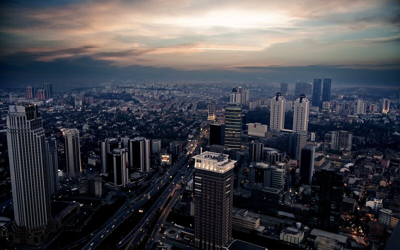 Aerial Cityscape at Dusk — Gray, Dramatic